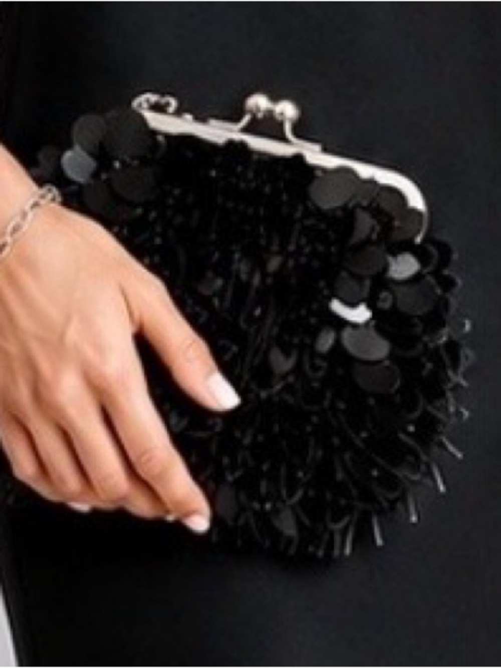 Black Sequin Wristlet Clutch Evening Bag Silver Kiss‎ Lock Statemrnt Glam Purse